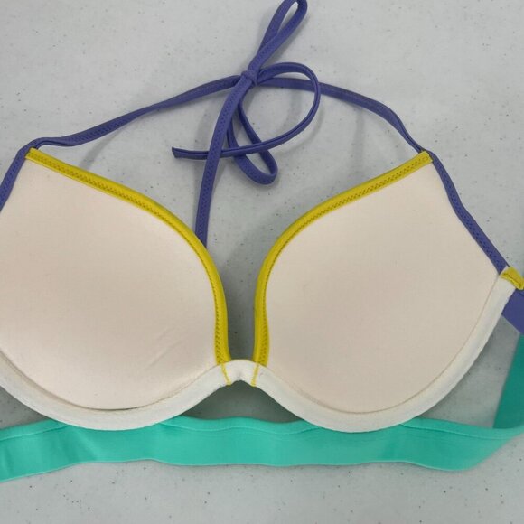 Victoria's Secret 32C/S Hottie Itsy Bikini Set Stripe Push-Up Neon Colorblock - Picture 3 of 15